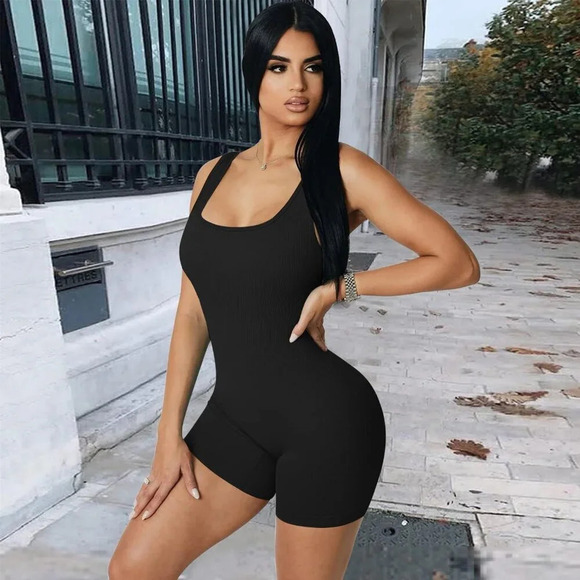 Women Jumpsuit Ribbed One Piece Tank Top Sleeveless Bodycon Sport Shorts - Picture 8 of 8